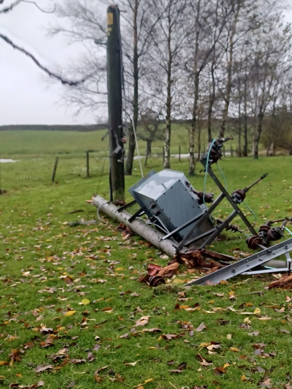 Snapped electricity pole nr Carnforth, Lancs: Snapped electricity pole nr Carnforth, Lancs