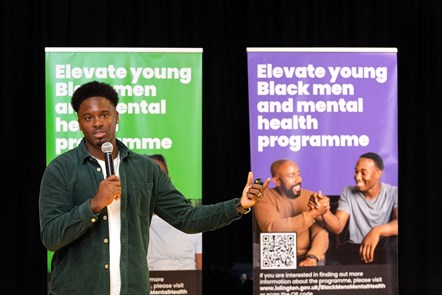 Storyteller, entrepreneur and youth coach Amani Simpson speaking at the launch of the Young Black Men and Mental Health programme