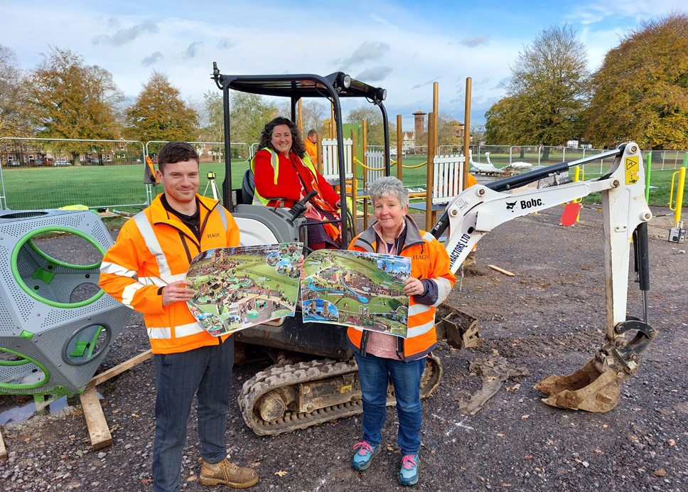 Tom Charman, HAGS project manager; Cllr Adele Barnett-Ward, Reading's Lead Councillor for Leisure and Culture and Bridget Hickey, Reading Council Playground Project Officer.