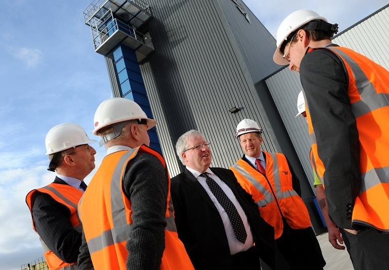 Doncaster Sleeper Factory opening: Secretary of State for Transport, Patrick McLoughlin, opens Doncaster Sleeper Factory with Phil Verster (route managing director, Network Rail), Peter Heubeck and team.
