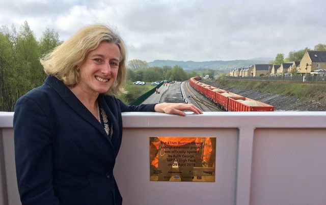 Ruth George MP by plaque marking the opening of the new Buxton railway sidings