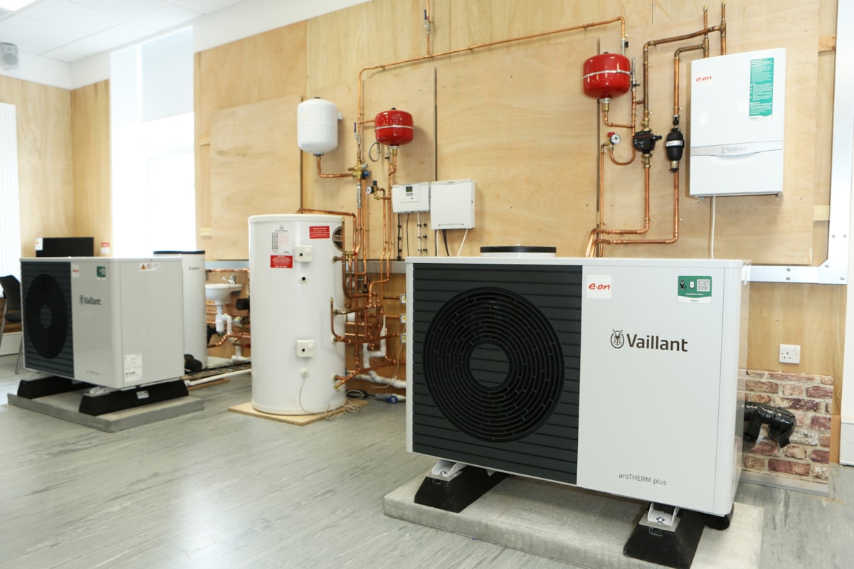 Two heat pumps used as training equipment at E.ON's Net Zero Training Academy in Kingswinford, UK.