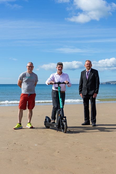 BCP one million rides 1: From left to right - Beryl BCP scheme Leader, Martin Jolly, BCP Council Accessibility Team Leader, Nick Philip and BCP Council Portfolio Holder for Transport and Sustainability, Councillor Mike Greene celebrate the landmark of one million journeys achieved in the Bournemouth Christchurch and Poole bike and e-scooter share scheme.