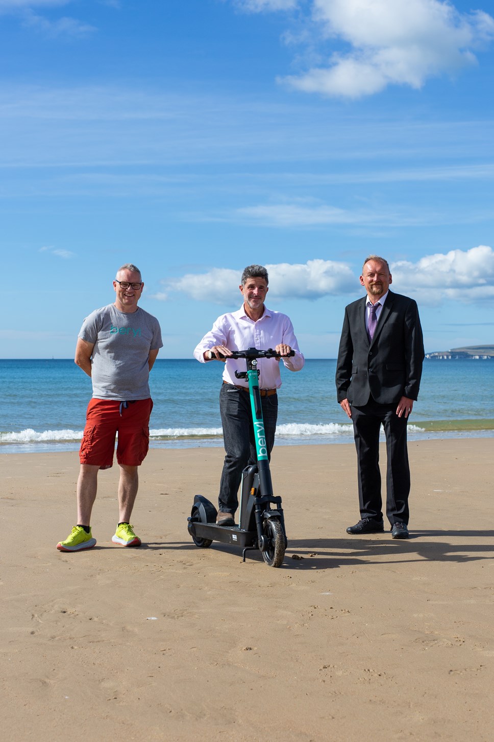From left to right - Beryl BCP scheme Leader, Martin Jolly, BCP Council Accessibility Team Leader, Nick Philip and BCP Council Portfolio Holder for Transport and Sustainability, Councillor Mike Greene celebrate the landmark of one million journeys achieved in the Bournemouth Christchurch and Poole bike and e-scooter share scheme.