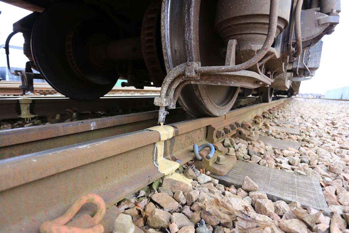 'Leaf buster' Multi Purpose Vehicle (MPV) 6: One of our fleet of treatment trains that clean the rails using water jets and then apply a sand-based gel to help trains gain traction http://www.networkrail.co.uk/timetables-and-travel/delays-explained/leaves/ RHTT; Rail Head Treatment Train; Autumn; Winter; Weather