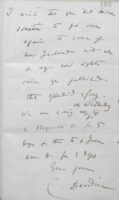 Image 7.3 Letter from Charles Darwin to Joseph Dalton Hooker, 1 December (1879) regarding the movement of cotton plant cotyledons