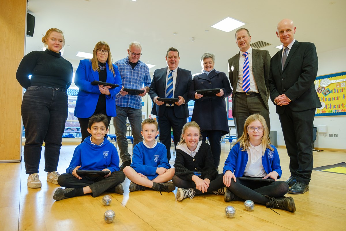 Cllrs Cowan, Reid, Linton, Jones and Adams with Graham McGinn, Depute Head of Education and Hannah Durham from the Robotarium