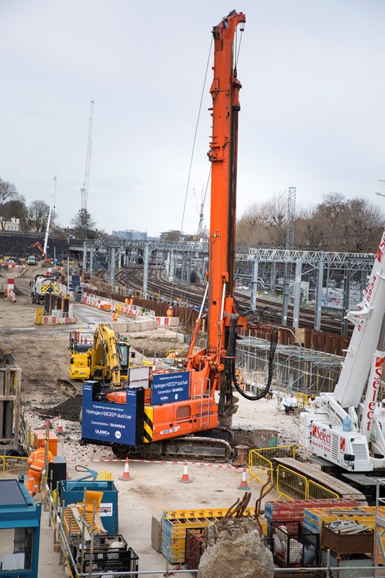 World first as HS2 trials dual-fuel piling rig on London site-2: ULEMCo and Cementation Skanska have brought hydrogen dual-fuel to install piles on the HS2 site in London, cutting the use of tradition fuel by 36%.

This is the first deployment of a dual-fuel hydrogen rig – installing four piles to a depth of 30 metres.
