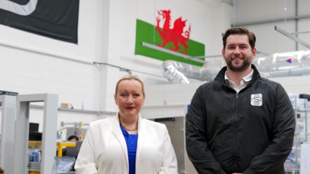 Economy Secretary Rebecca Evans with Joshua Western, CEO and Co-founder of Space Forge