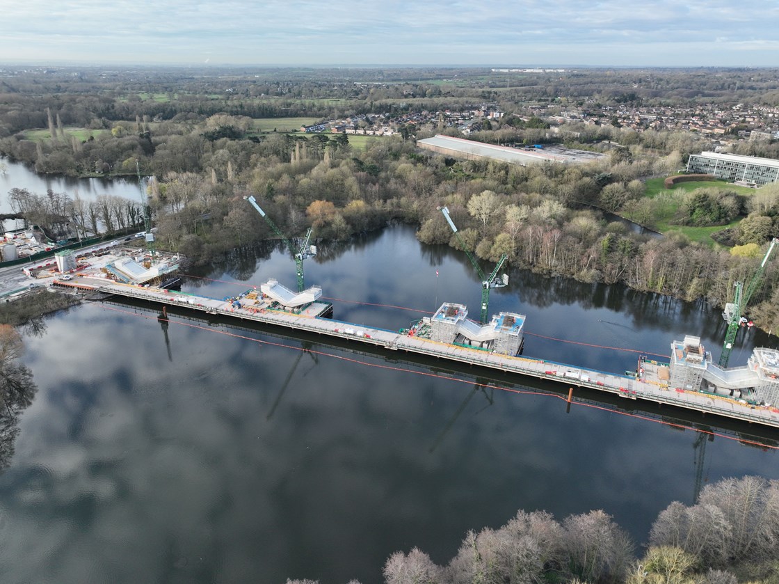 Drone footage showing the temporary bridge and first three Colne Valley Viaduct v piers