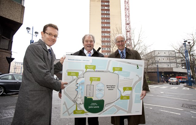 John Lewis store location: (l-r) Andy Street, Managing Director, John Lewis; Mike Whitby, Leader, Birmingham City Council; David Higgins, Chief Executive, Network Rail at the announcement of a new John Lewis store at New Street station 21 Feb 2011