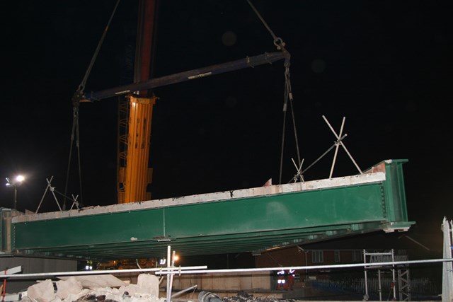 Trent Valley 4 Tracking Project: The temporary bridge at Armitage with Handsacre is lifted out by a 1000 tonne crane in the early hours of 15 July 2007