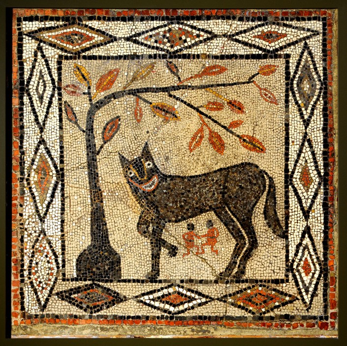 Legends at Leeds City Museum: Mosaic of wolf and twins, discovered in the 1840’s near the town of Aldborough, North Yorkshire.