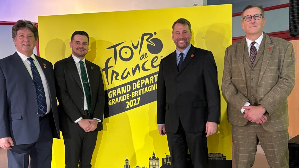 Cllrs Brian Moore, Joshua Roberts, Stephen Atkinson and Warren Goldsworthy at launch event of the Tour de France route 2027 which features Lancashire in Stage 2