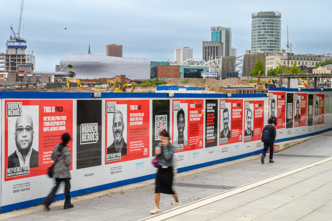 HS2's Love Brum hoardings with the city in the background