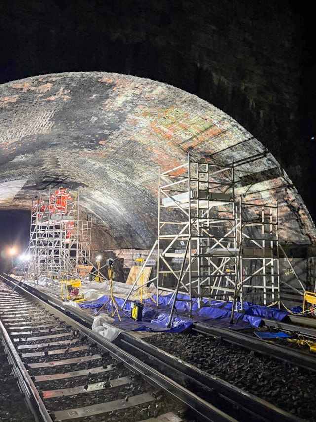 Wide shot of St James Tunnel arch with scaffolding inside: Wide shot of St James Tunnel arch with scaffolding inside
