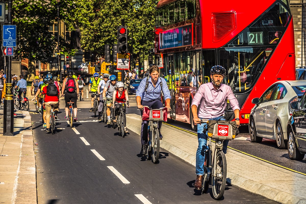 London street with cycle lane and bus