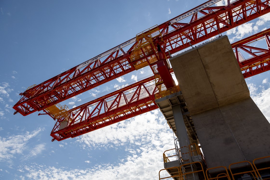 Colne Valley Viaduct launch girder above first pier from below May 2022