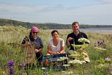 St Cyrus Reserve Manager Therese Alampo, MSP for Angus North and Mearns Mairi Gougeon and Reserve Assistant Simon Ritchie launch Take 3 For the Sea © Pauline Smith