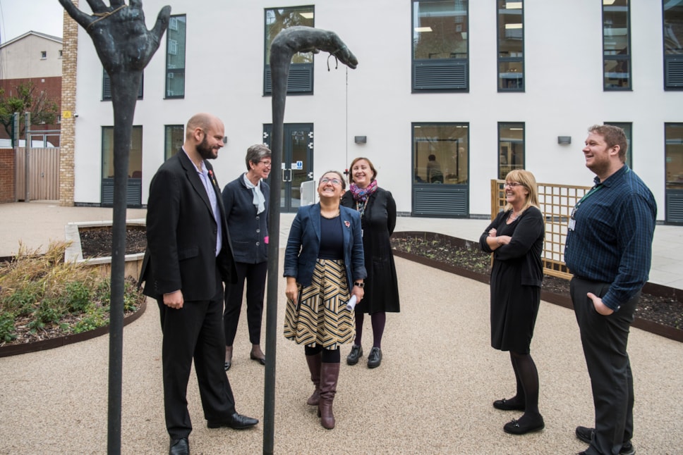 2 The Mayor Cllr Demirci Anne Canning Ilona Sarulakis Diane Ducie Daniel Lilley in the sensory garden at Oswald Street