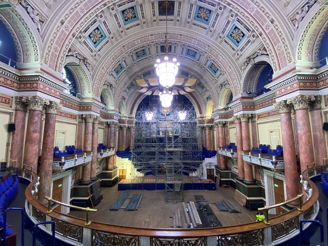 Leeds Town Hall organ project begins: Pipe organ specialists from Nicholson and Co. Ltd set up in Leeds Town Hall's magnificent Victoria Hall this week where they began erecting a complex network of scaffolding around the 50ft high organ before getting to work on the painstaking process of dismantling its impressive pipes and intricate inner workings.