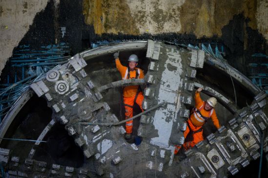 HS2 tunnellers operating Atlas Road Logistics Tunnel TBM Lydia celebrate breaking through into the Old Oak Common Box