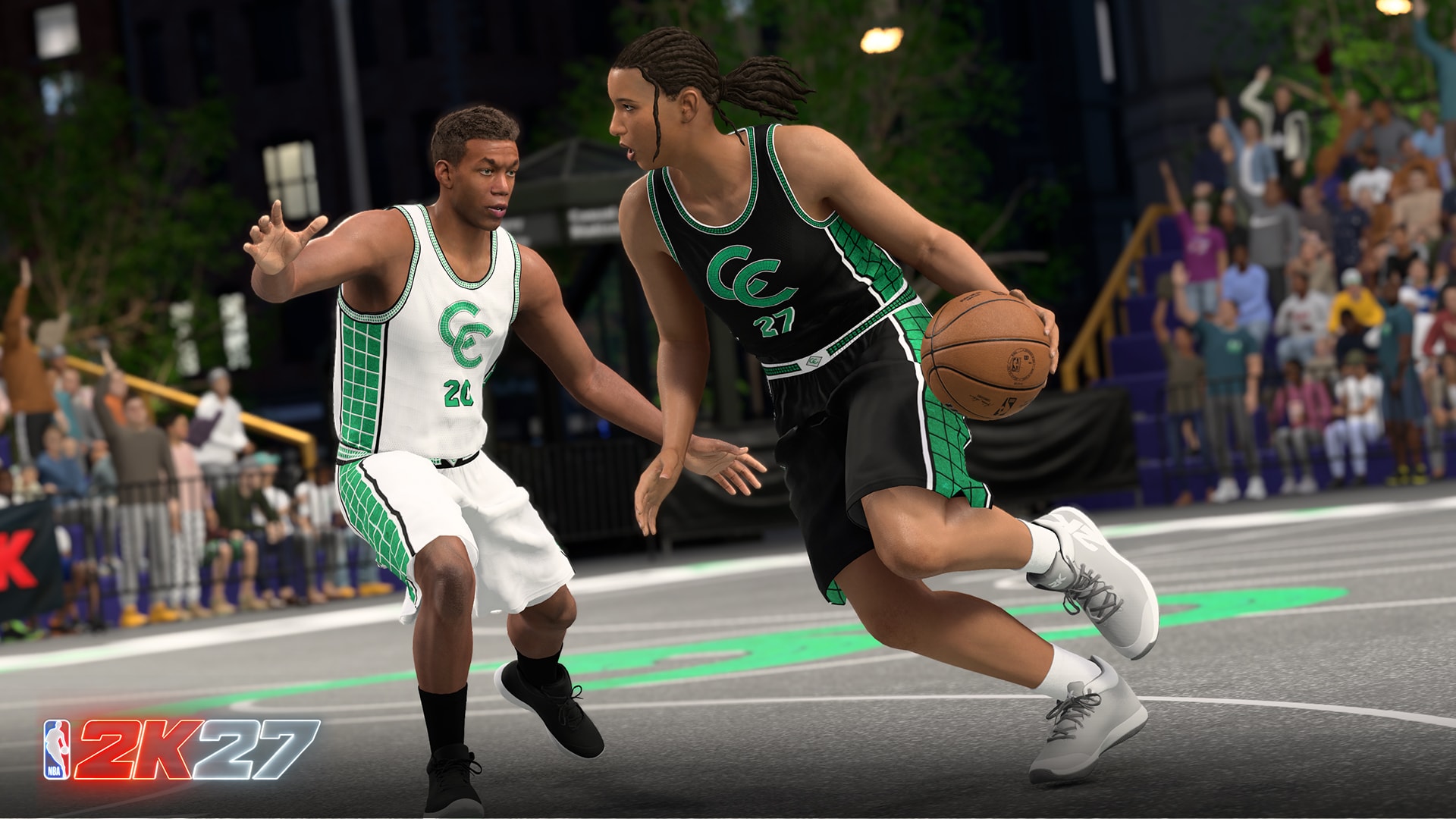 Two MyPLAYERs battling one-on-one on an outdoor court in NBA 2K27