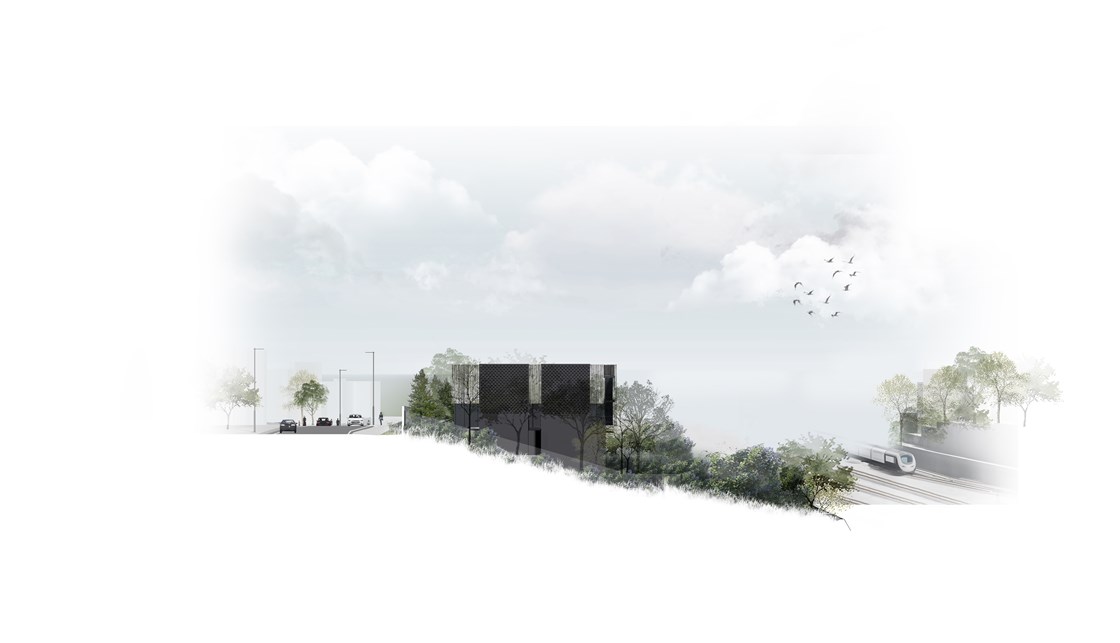 Visualisation of Adelaide Headhouse from the western end of Adelaide Road and the Adelaide Road nature reserve: Tags: Headhouse, Key Design Element, London, Camden, Tunneling