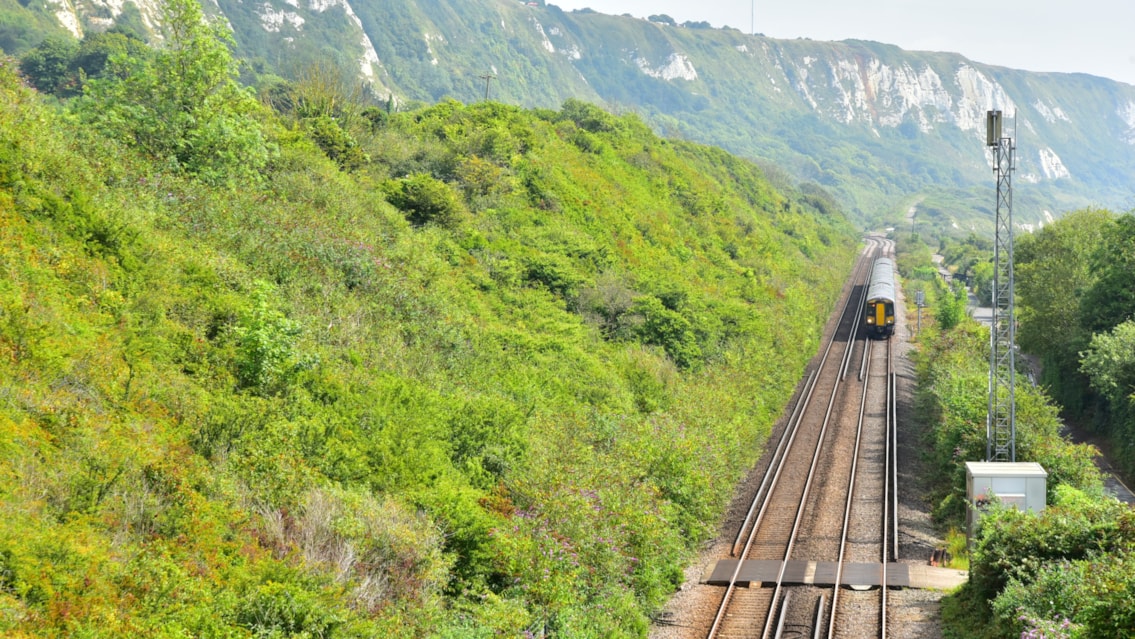 A Southeastern train passes through Folkestone Warren cropped-2