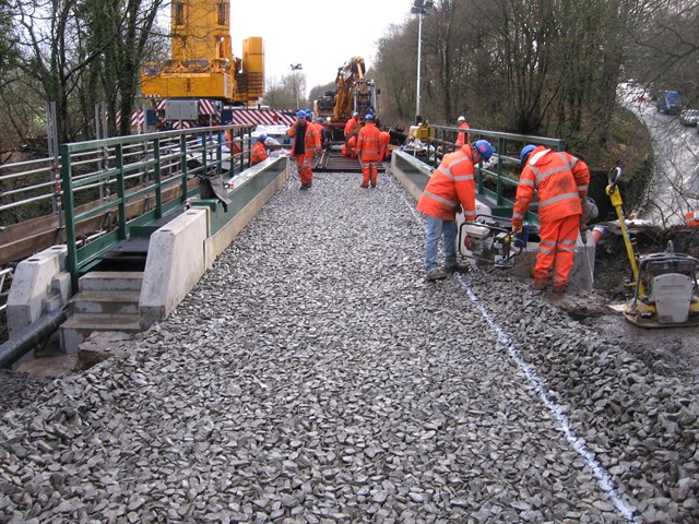 King William IV bridge: Fresh ballast being levveled on the new bridge