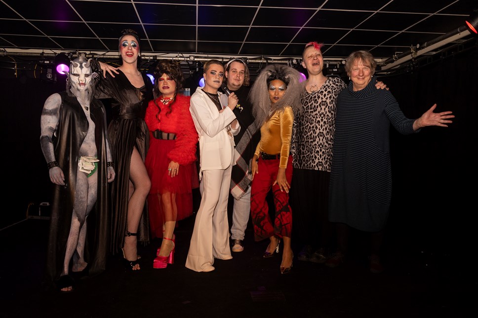 Image by Newsline Media: The cast of Eat the Rich II Cabaret, produced by Aberdeen Performing Arts and Sanctuary Queer Arts, March 2023