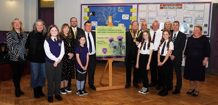 Councillor Reid with Provost Todd, Cllrs Cowan, Barton, Boyd and Ingram at the official opening of Loanhead Primary