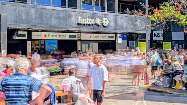 West Coast Main Line passengers urged to plan ahead for railway disruption over the coming days: View of Euston station entrance and piazza - summer 2026