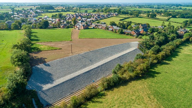Drone shot showing the secured railway cutting at Cumwhinton