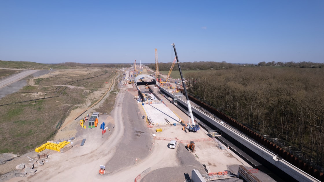 Aerial view looking towards the green bridge that will form the north portal of the Sheephouse Wood Bat Protection Structure