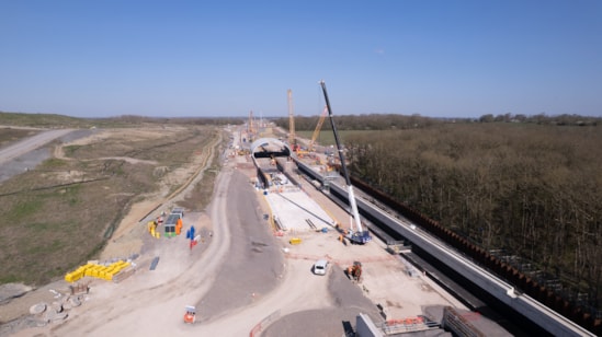 Aerial view looking towards the green bridge that will form the north portal of the Sheephouse Wood Bat Protection Structure