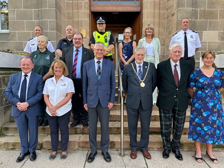 Back top (l-r) Mark Witkowski, Station Commander, Scottish Fire and Rescue Service, Davie Grant, Coxswain and Mechanic, RNLI Buckie, Inspector Neil Morrison, Elgin Community Policing Team, Police Scotland, Liz Tait, Professional Lead for Clinical Governance, NHS Grampian, Rhona Gunn, Depute Chief Executive, Moray Council, David Hendry, Group Commander, Scottish Fire and Rescue Service. Middle row Corinne McCrory, Moray Area Service Manager, Scottish Ambulance Service, John Low, Chairman, Moray Inshore Rescue Organisation. Bottom row (l-r) Roddy Burns, Chief Executive, Moray Council, Anne Scott, Operations Manager, RNLI Buckie, Andrew Simpson, Banffshire Lord-Lieutenant, Cllr John Cowe, Civic Leader, Moray Council, Seymour Monro, Moray Lord-Lieutenant, Cllr Kathleen Robertson, Council Leader.