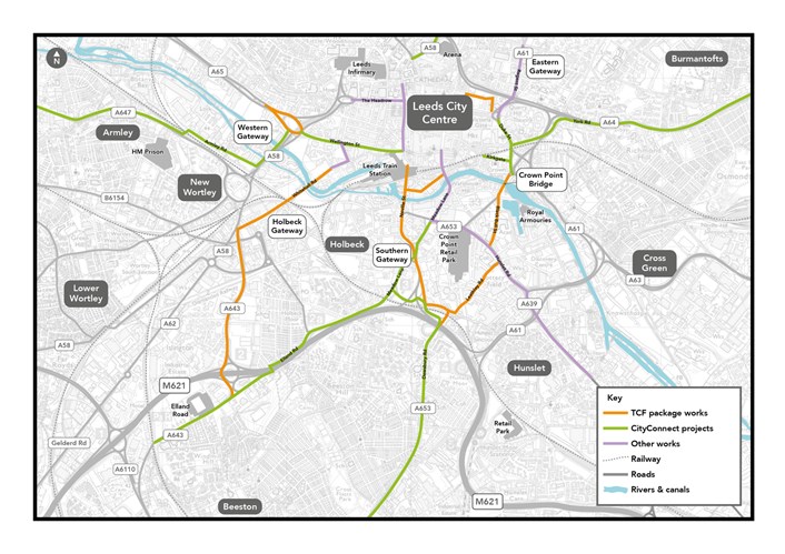 TCF Cycle routes: Map of proposed Transforming Cities Fund cycling schemes and how they link with some other cycling infrastructure in Leeds.