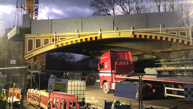 Dusk shot of the new bridge structure in place at Buxton Road: Dusk shot of the new bridge structure in place at Buxton Road