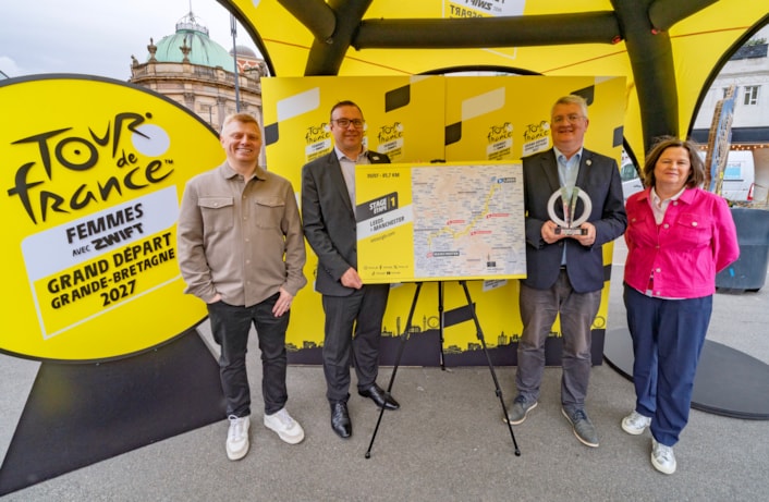 TdFF3: Guests at an event marking one year until Leeds welcomes the Grand Départ of the 2027 Tour de France Femmes avec Zwift. Pictured left to right are Liam Claffey (host relationship manager for Grand Départ GB), Dean Hardman (readiness director for Grand Départ GB), Councillor James Lewis (leader of Leeds City Council) and Jane Walne (Leeds City Council's chief officer for Active Leeds, operations and culture).