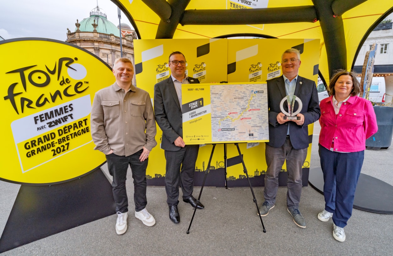 TdFF3: Guests at an event marking one year until Leeds welcomes the Grand Départ of the 2027 Tour de France Femmes avec Zwift. Pictured left to right are Liam Claffey (host relationship manager for Grand Départ GB), Dean Hardman (readiness director for Grand Départ GB), Councillor James Lewis (leader of Leeds City Council) and Jane Walne (Leeds City Council's chief officer for Active Leeds, operations and culture).