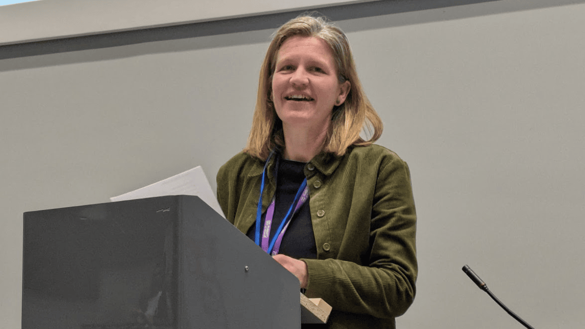 Organiser Jen Ager, a senior lecturer in education at the university, speaking at the conference in Lancaster