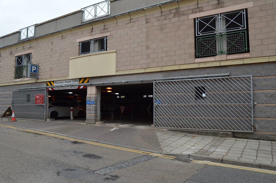 St Giles Centre car park entrance and exit with gates either side