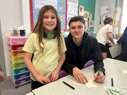Buckie Thistle midfielder Marcus Goodall with Millbank Primary school pupils Pippa Goull.