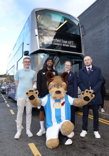 (L-R) Joe Morphet, David Kasumu, Lisa Bottomley and Callum Limb with Terry The Terrier