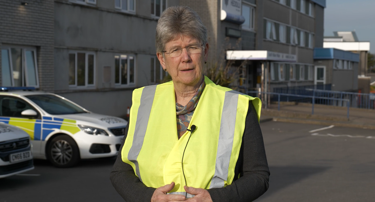 Minister for Social Justice, Jane Hutt, outside Barry Police Station South Wales Police