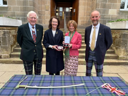 The former Vice Lord-Lieutenant Nancy Robson (second left) hands over the badge to Lucy Mackenzie (third left) watched over by outgoing Lord-Lieutenant Major General Seymour Monro CBE LVO (left) and incoming Lord-Lieutenant Air Commodore Alistair Monkman CBE (right).