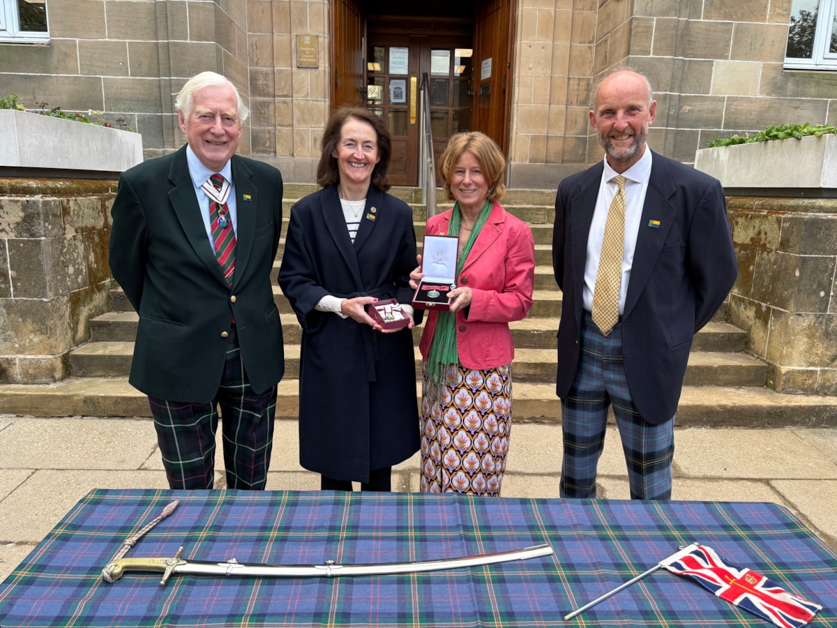 The former Vice Lord-Lieutenant Nancy Robson (second left) hands over the badge to Lucy Mackenzie (third left) watched over by outgoing Lord-Lieutenant Major General Seymour Monro CBE LVO (left) and incoming Lord-Lieutenant Air Commodore Alistair Monkman CBE (right).