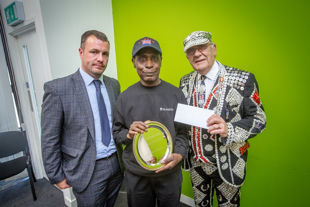 (L-R Billy Wells Head of Neighbourhood Services Francis Oduro Estate Caretaker and John Walters Pearly King of Finsbury)
