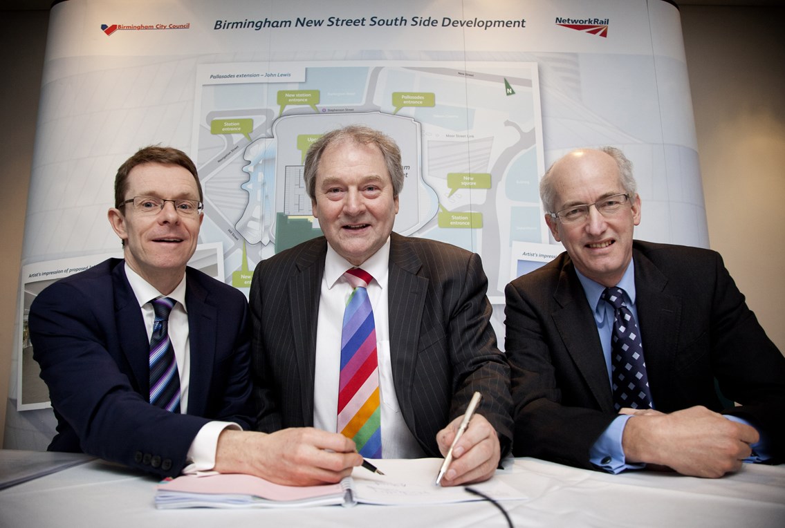 John Lewis store agreement signing: (l-r) Andy Street, Managing Director, John Lewis; Mike Whitby, Leader, Birmingham City Council; David Higgins, Chief Executive, Network Rail at the announcement of a new John Lewis store at New Street station 21 Feb 2011